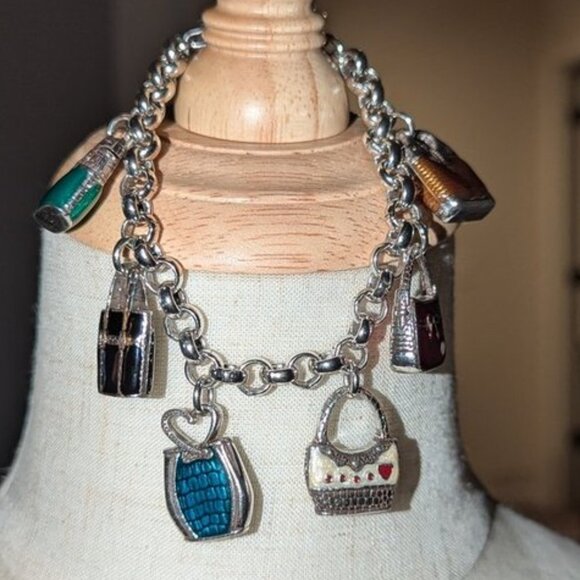 Brighton Vintage Handbag Purse Enamel Colorful Logo Chain Charm Bracelet Jewelry - Picture 2 of 6